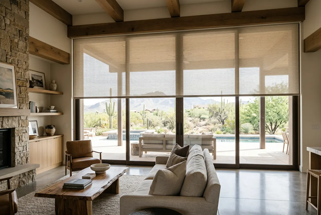 Wide motorized shade spanning a 14-foot opening in a Scottsdale estate Wide motorized shade spanning a 14-foot opening in a Scottsdale estate