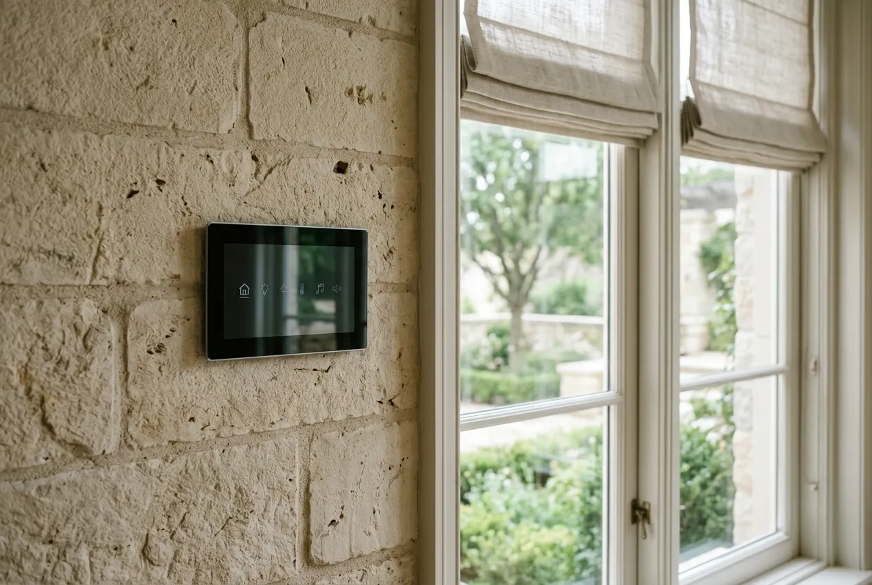 Smart-home control panel on a limestone wall controlling estate shades Smart-home control panel on a limestone wall controlling estate shades