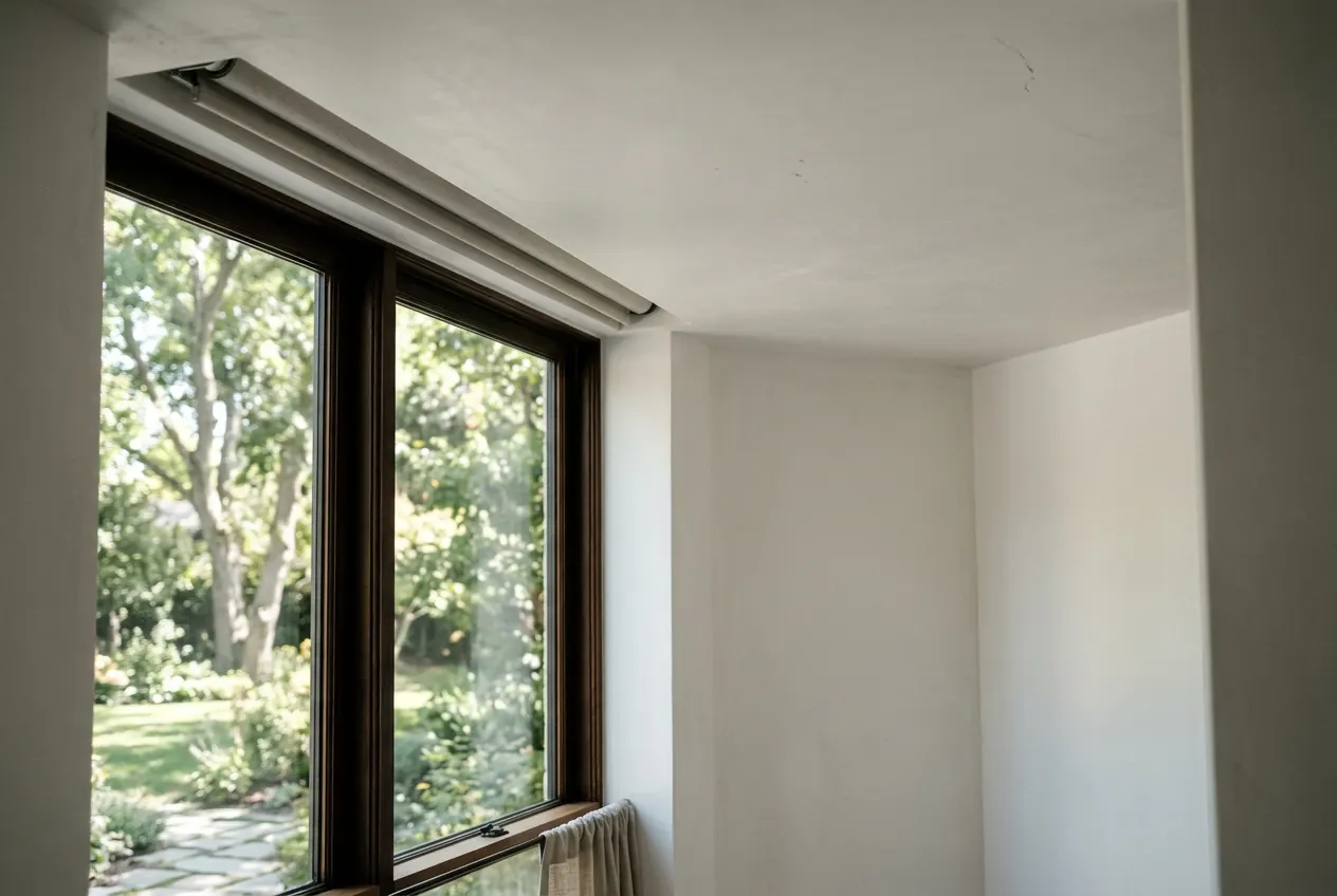 Recessed ceiling shade pocket with a clean reveal above a tall estate window Recessed ceiling shade pocket with a clean reveal above a tall estate window