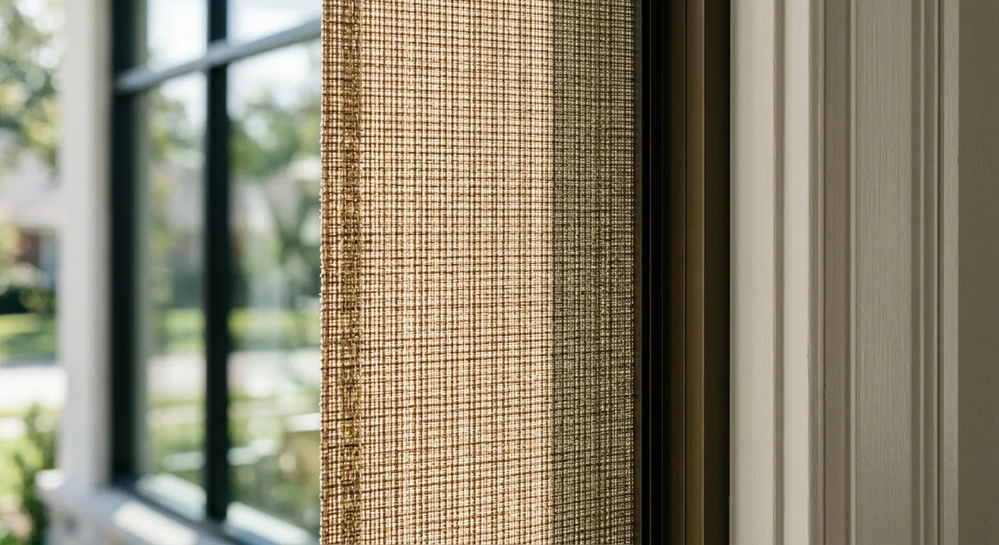Premium performance solar shade fabric beside a recessed side channel Premium performance solar shade fabric beside a recessed side channel