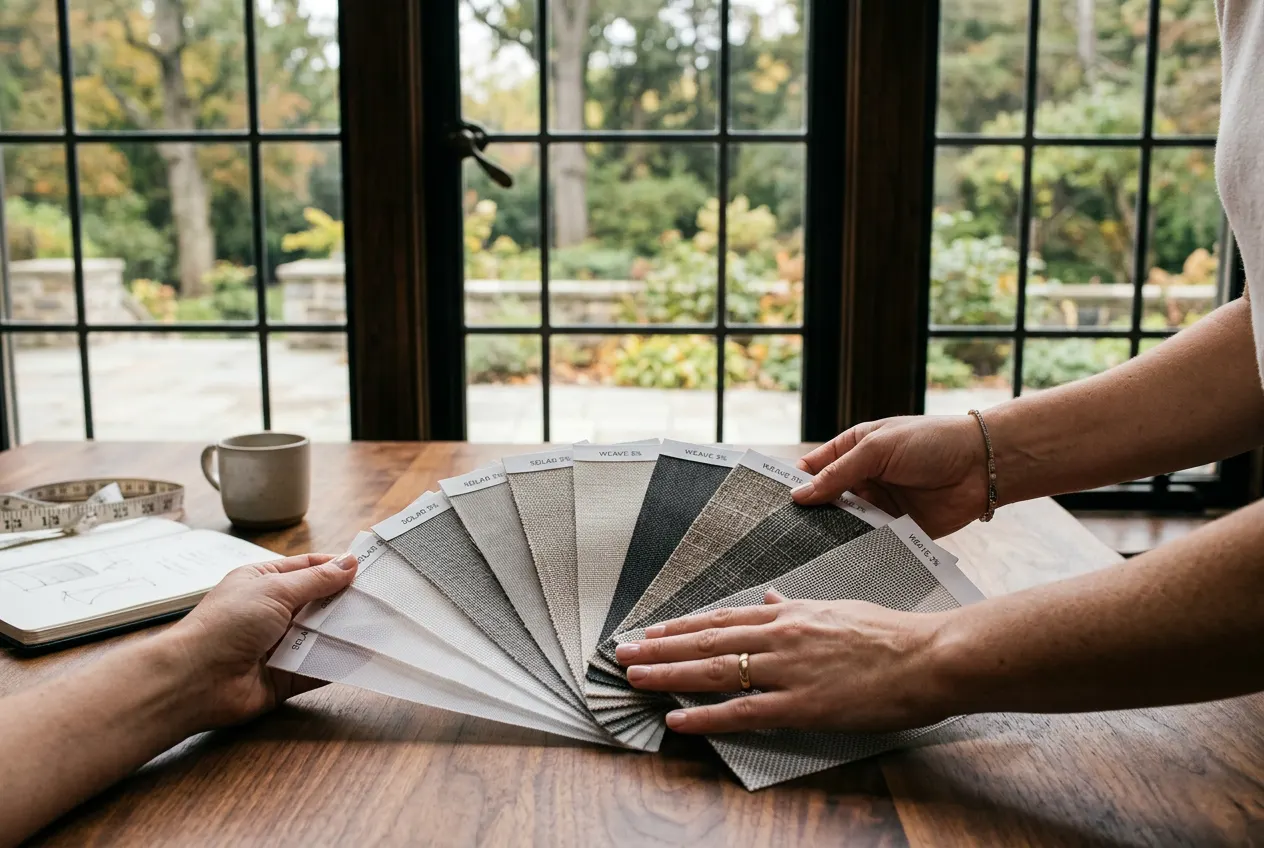 Interior designer comparing performance solar shade fabric swatches by an estate window Interior designer comparing performance solar shade fabric swatches by an estate window