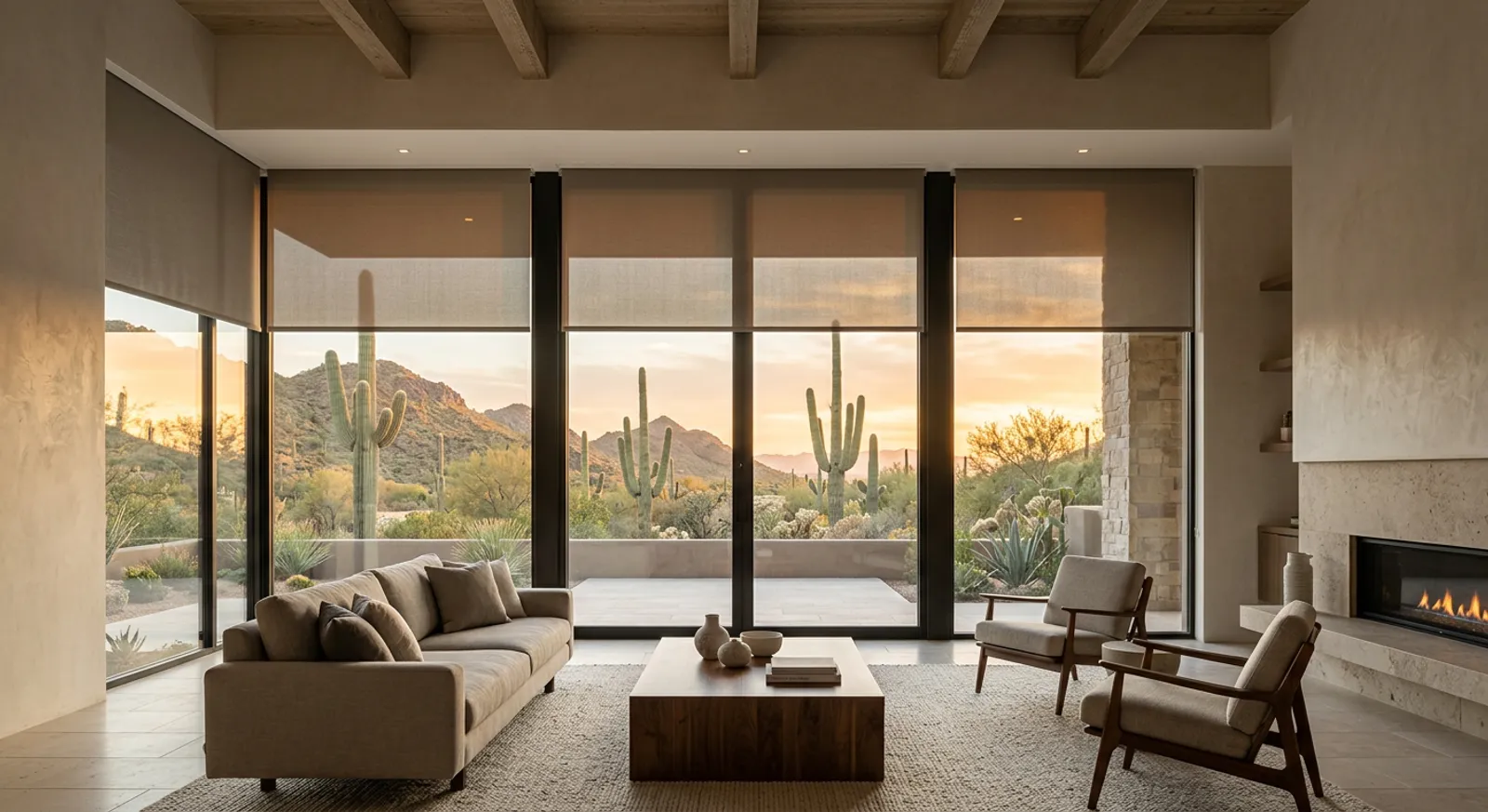 Motorized solar shades partially lowered across floor-to-ceiling glass in a desert estate living room at golden hour Motorized solar shades partially lowered across floor-to-ceiling glass in a desert estate living room at golden hour