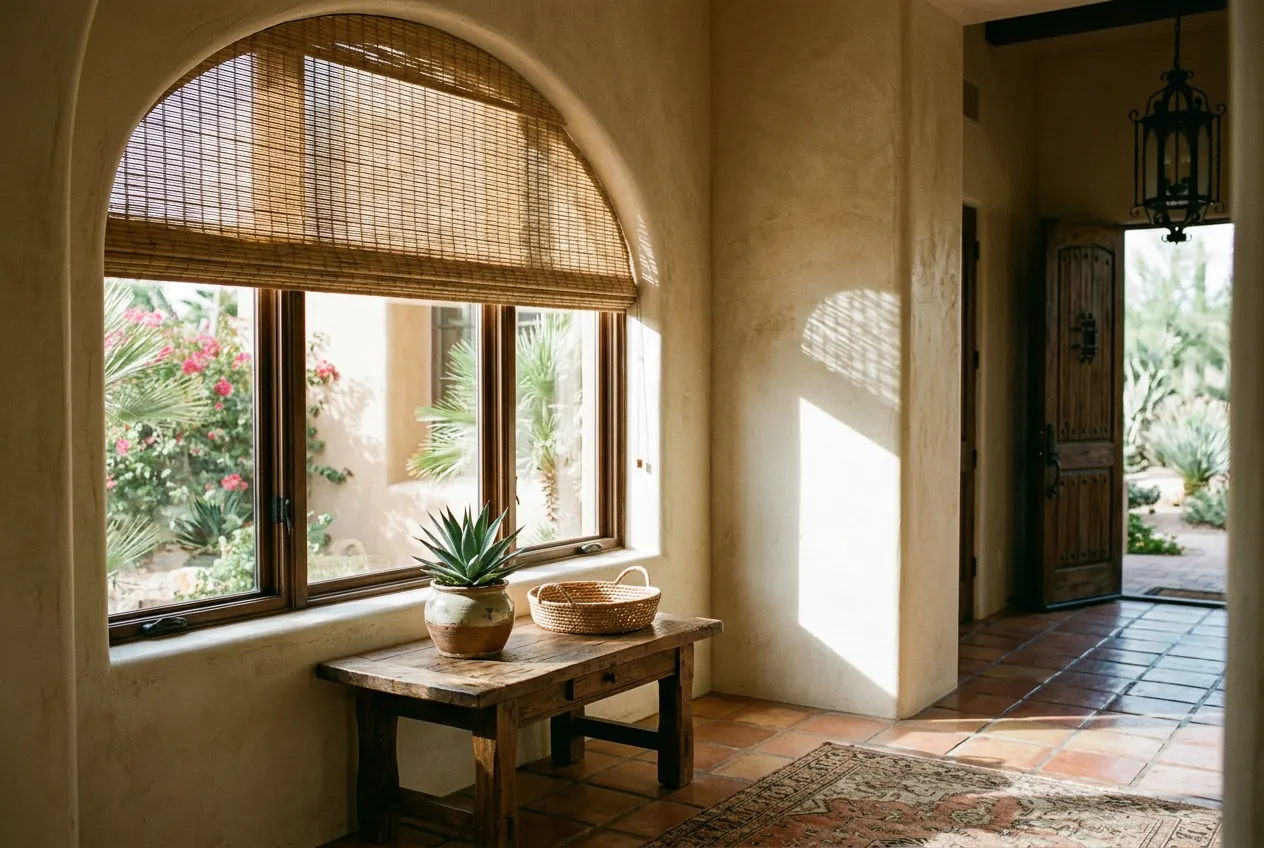 Woven wood shades on arched windows in a Spanish-style Scottsdale estate Woven wood shades on arched windows in a Spanish-style Scottsdale estate
