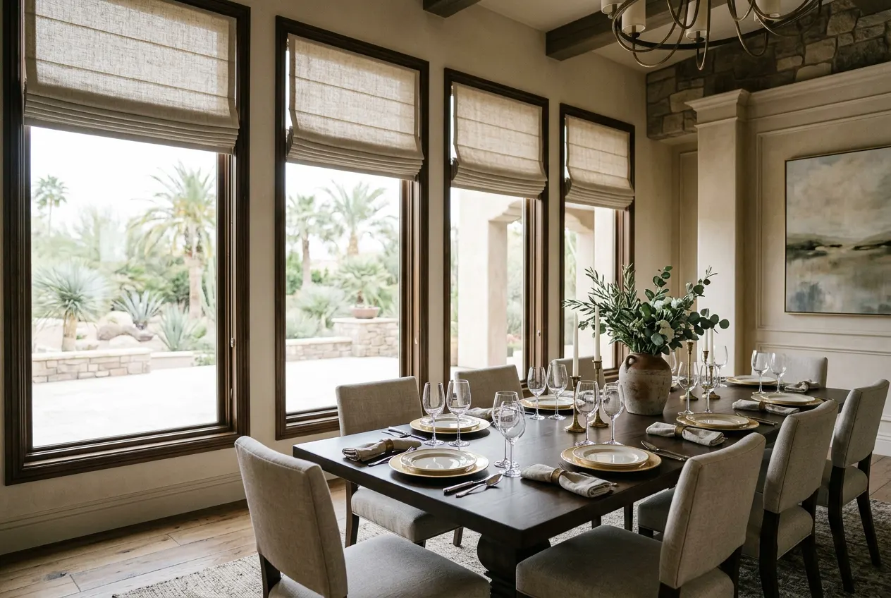 Row of tailored roman shades in a Paradise Valley estate dining room Row of tailored roman shades in a Paradise Valley estate dining room