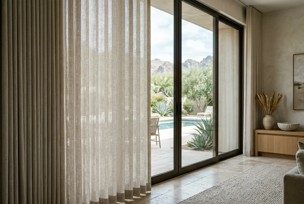 Fabric vertical blinds partially drawn across a sliding door in a Scottsdale estate Fabric vertical blinds partially drawn across a sliding door in a Scottsdale estate