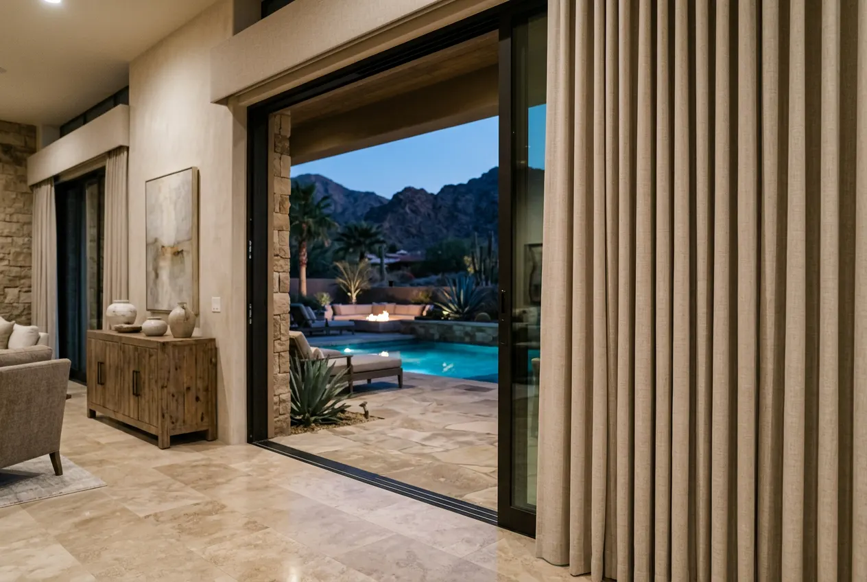 Wide vertical blinds in a soft neutral tone beside a pool terrace door Wide vertical blinds in a soft neutral tone beside a pool terrace door