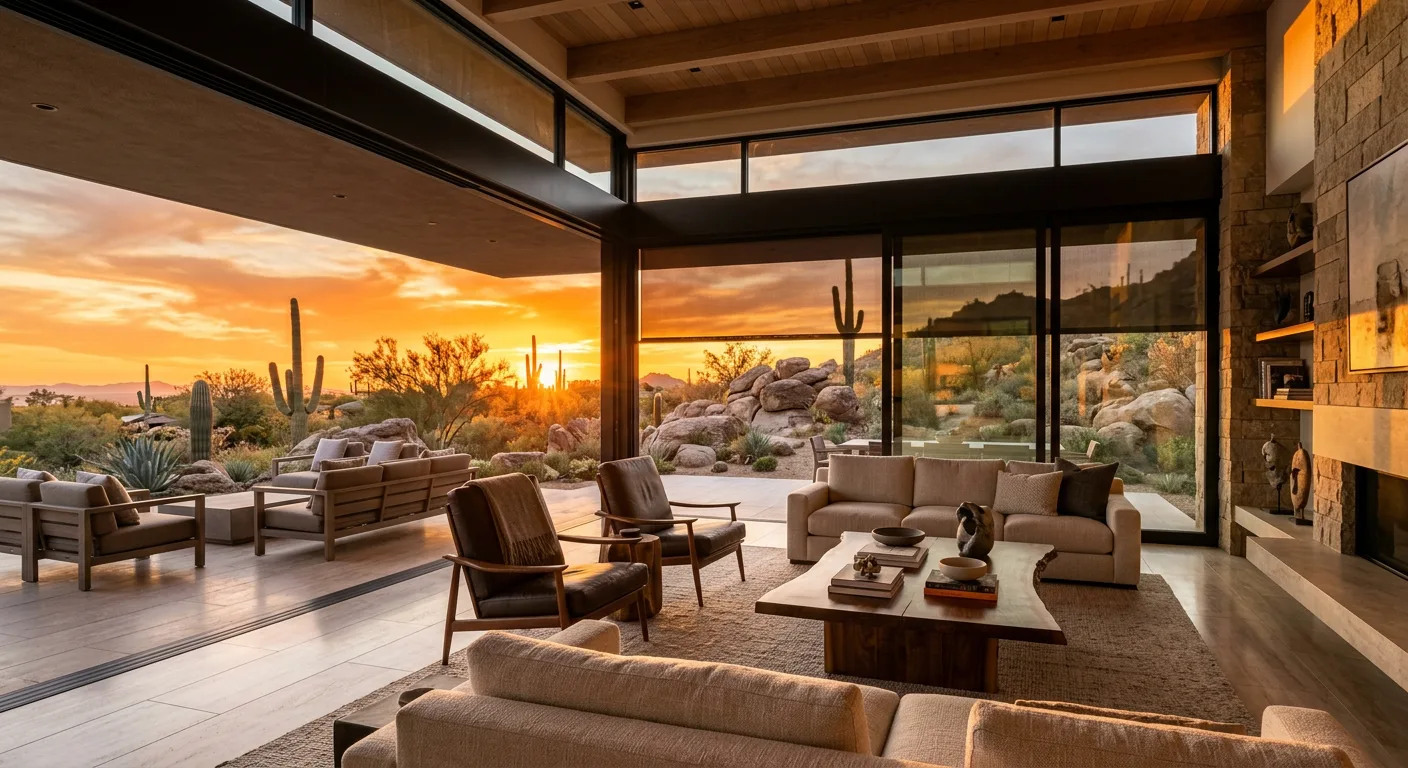 Scottsdale living room with west-facing windows and exterior solar screens lowered at sunset Scottsdale living room with west-facing windows and exterior solar screens lowered at sunset